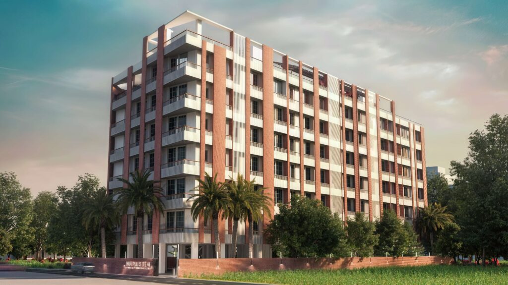 Modern precast residential building construction with installation of precast panels and structural elements