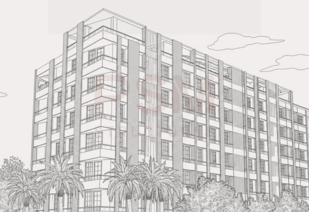 Modern precast residential building construction with installation of precast panels and structural elements