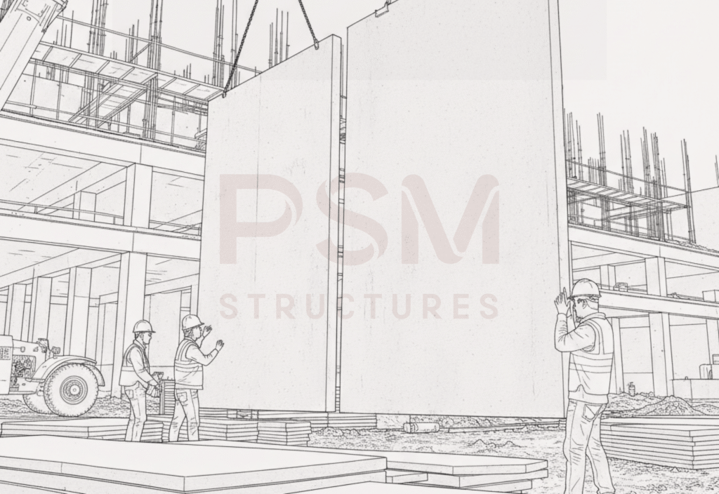 an illustration of precast concrete wall panel being assembled at the construction site to understand what is precast concrete
