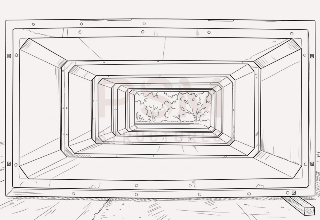 A precast concrete box culvert showing multiple segments nested together in a perspective view, leading to a small window-like opening that reveals a landscape with bushes and trees.