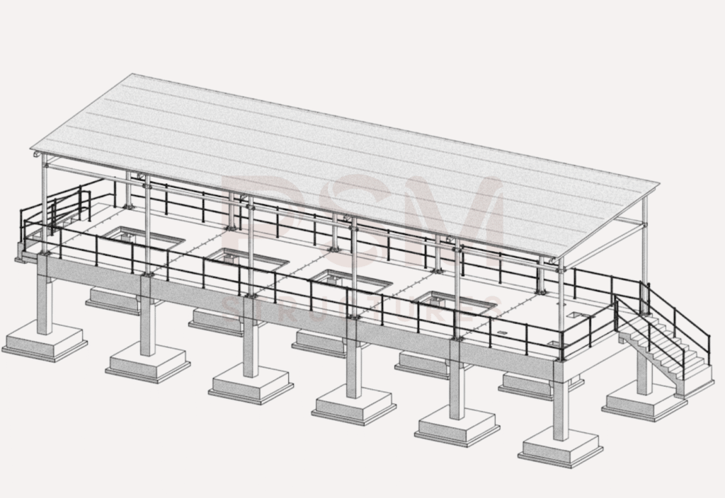 Detailed architectural line drawing of a precast ICOG (Inverter Control Operations Group) building, a critical component in solar EPC projects. The isometric illustration features a raised concrete platform supported by columns and square footings, equipped with safety railings and a side staircase. A sloped canopy roof covers the structure, which includes precisely cut floor openings designed for the installation of electrical equipment.