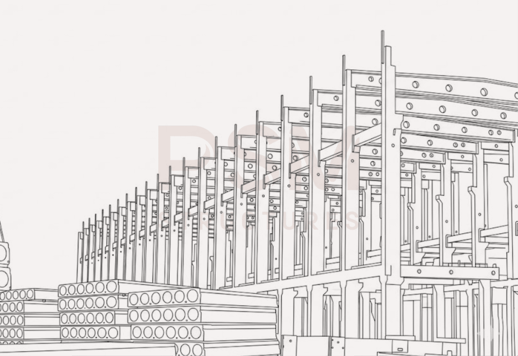 A precast industrial shed under construction, showing a crane lifting hollow-core concrete slabs and a structural frame of precast columns and beams on a job site.