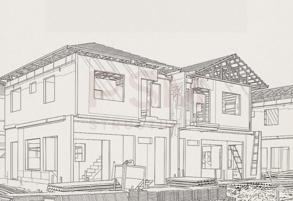 precast concrete homes under construction with wall panels and other precast construction materials on the site