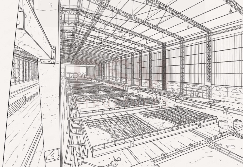 a bird-eye view of the interior of a precast concrete plant