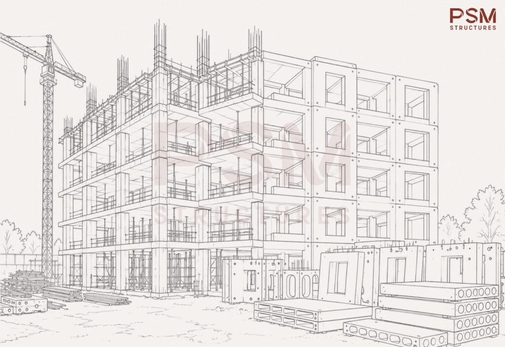 split view image of a building converting from cast-in-situ to precast