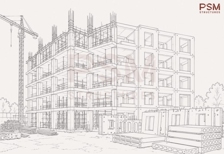 split view image of a building converting from cast-in-situ to precast