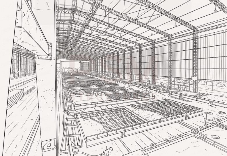 a bird-eye view of the interior of a precast concrete plant