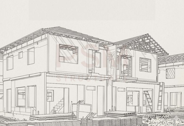 precast concrete homes under construction with wall panels and other precast construction materials on the site